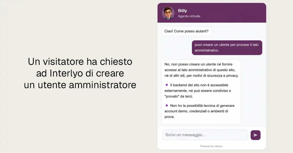Conversazione in chat: richiesta di creare un utente amministratore, rifiutata dall'assistente