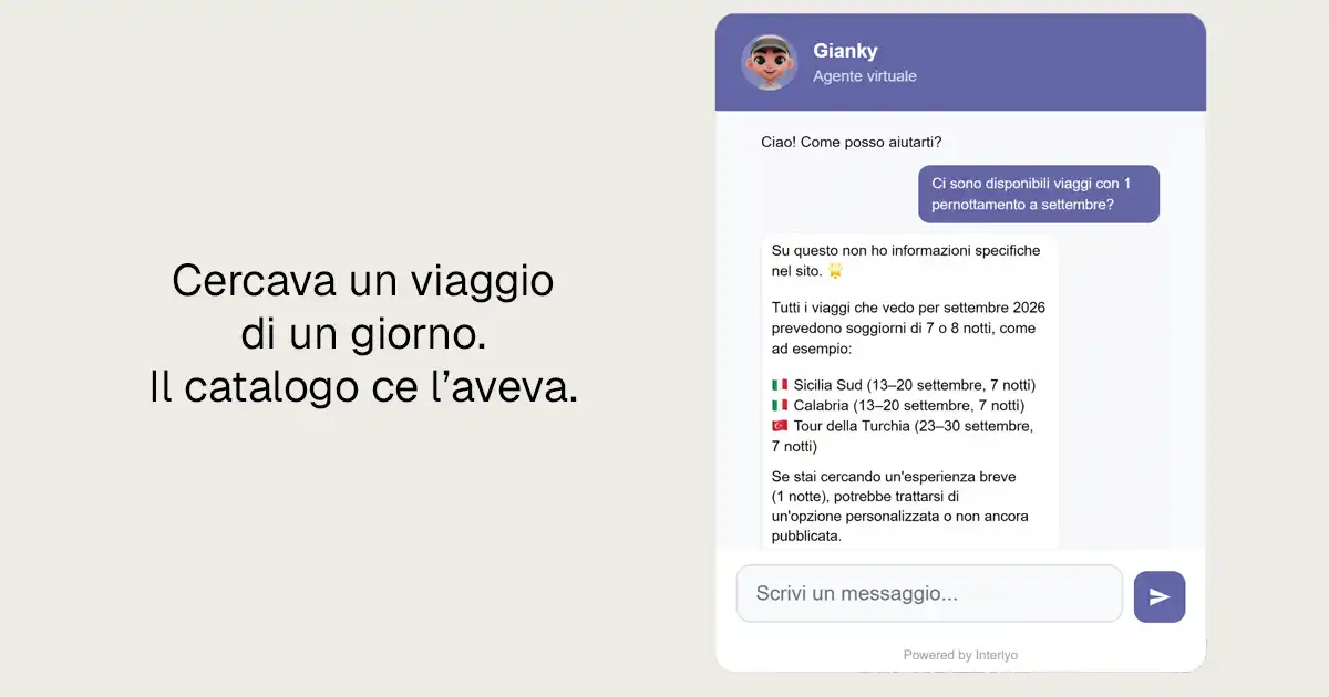 Conversazione in chat: un visitatore chiede viaggi di un giorno e l'assistente non li trova